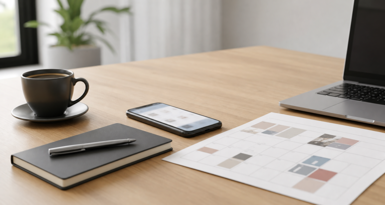 Bureau moderne avec smartphone et calendrier éditorial