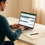 Un freelance travaille sur son ordinateur portable pour préparer un devis financier sur un tableur Excel.