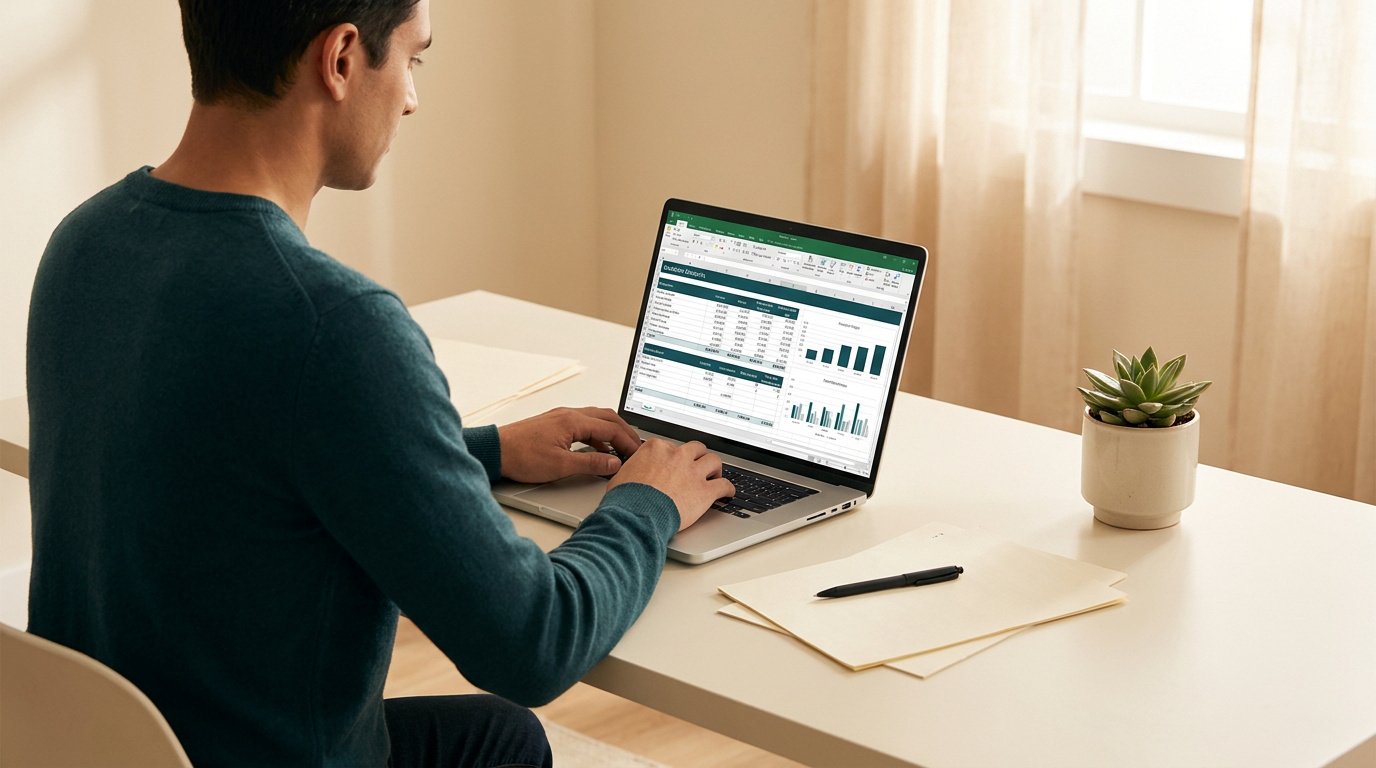 Un freelance travaille sur son ordinateur portable pour préparer un devis financier sur un tableur Excel.