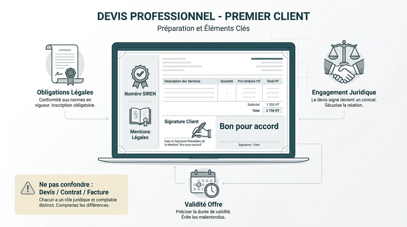 Infographie détaillant les étapes et mentions obligatoires d'un devis freelance professionnel