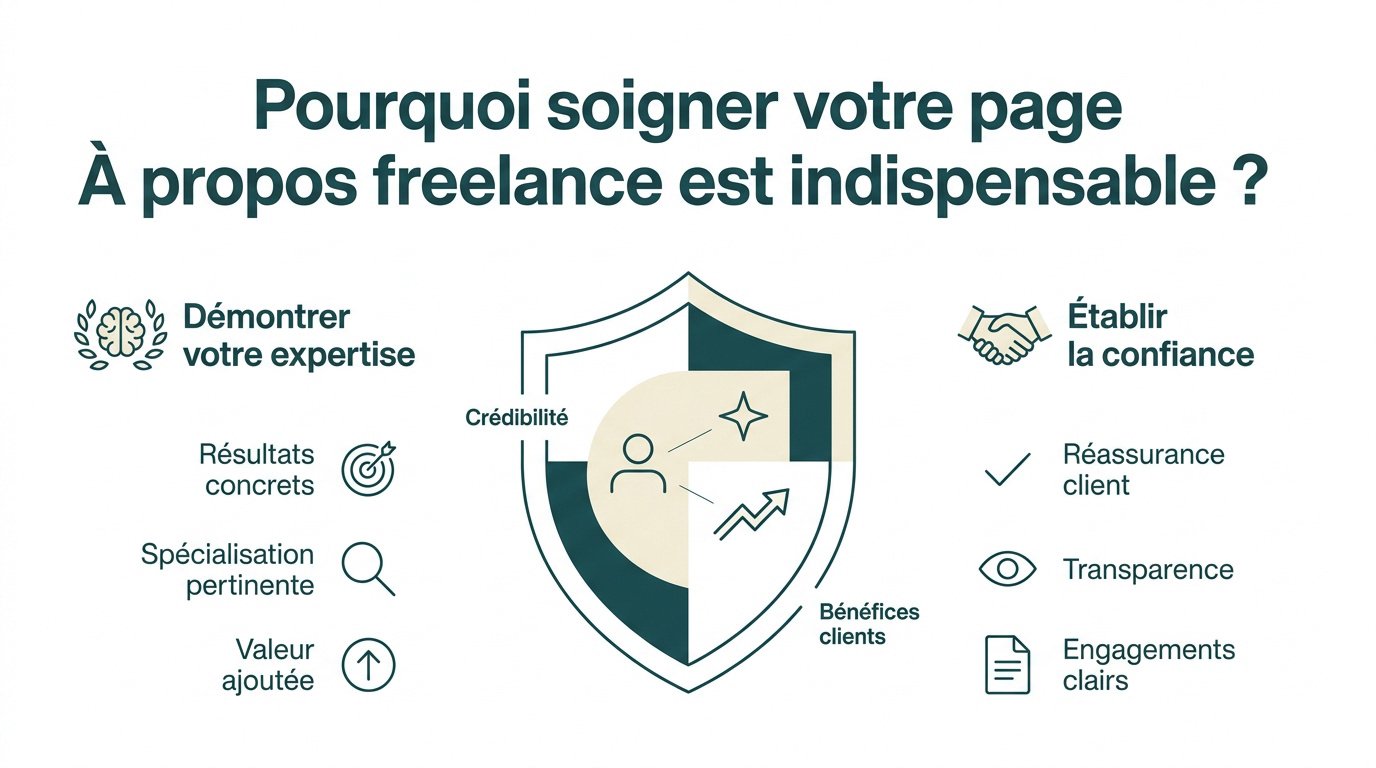 Infographie expliquant l'importance stratégique de la page À propos pour un freelance
