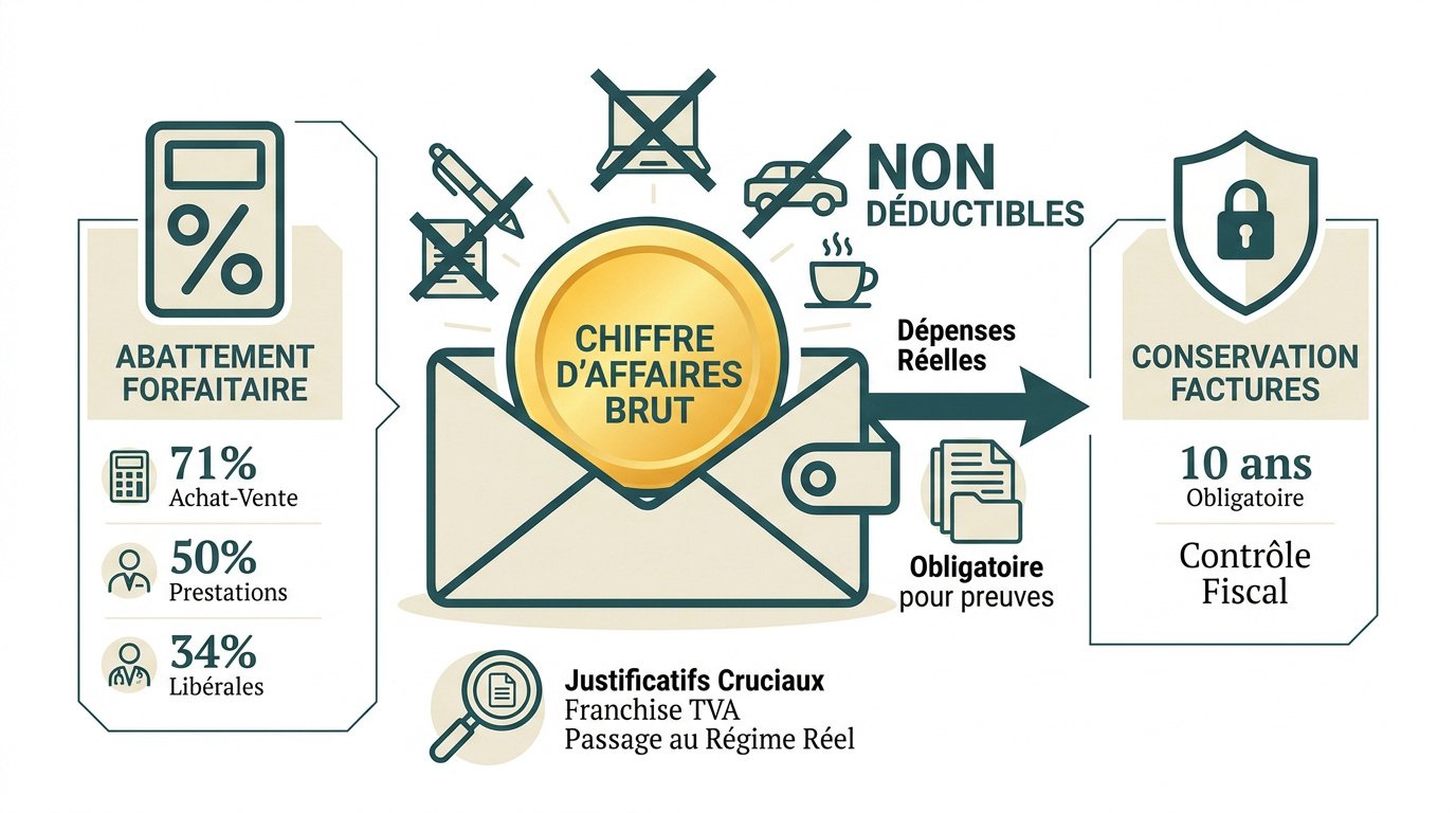 Infographie expliquant la gestion des notes de frais et de l'abattement en micro-entreprise