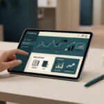 Une main utilise une tablette affichant un tableau de bord financier avec des sections sur les taxes et le budget.