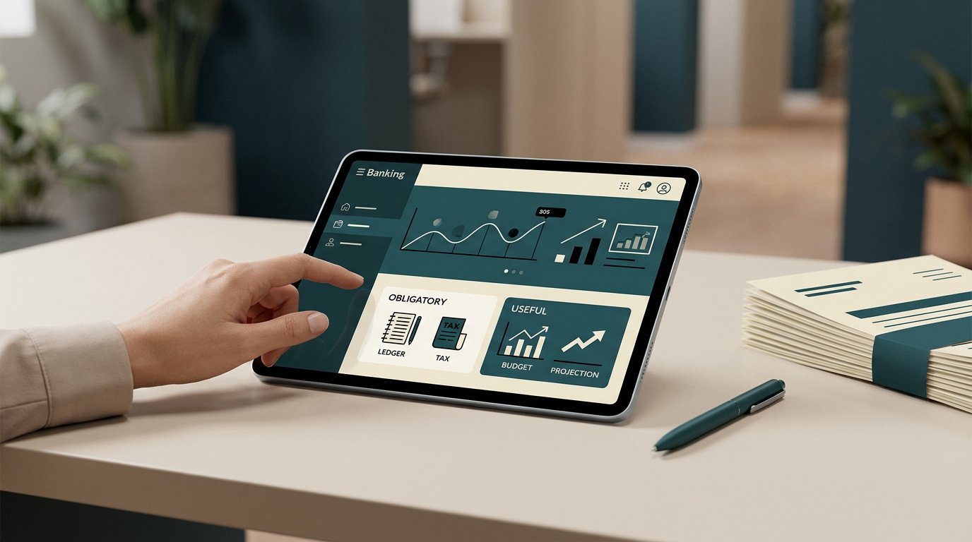 Une main utilise une tablette affichant un tableau de bord financier avec des sections sur les taxes et le budget.