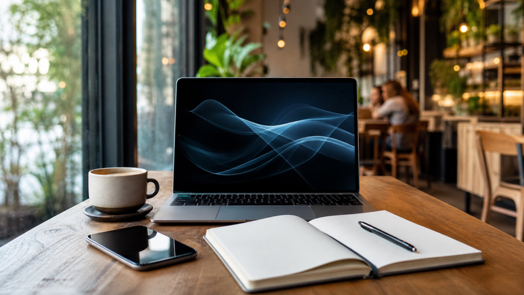 Café moderne avec ordinateur portable et carnet de veille numérique