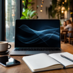 Café moderne avec ordinateur portable et carnet de veille numérique
