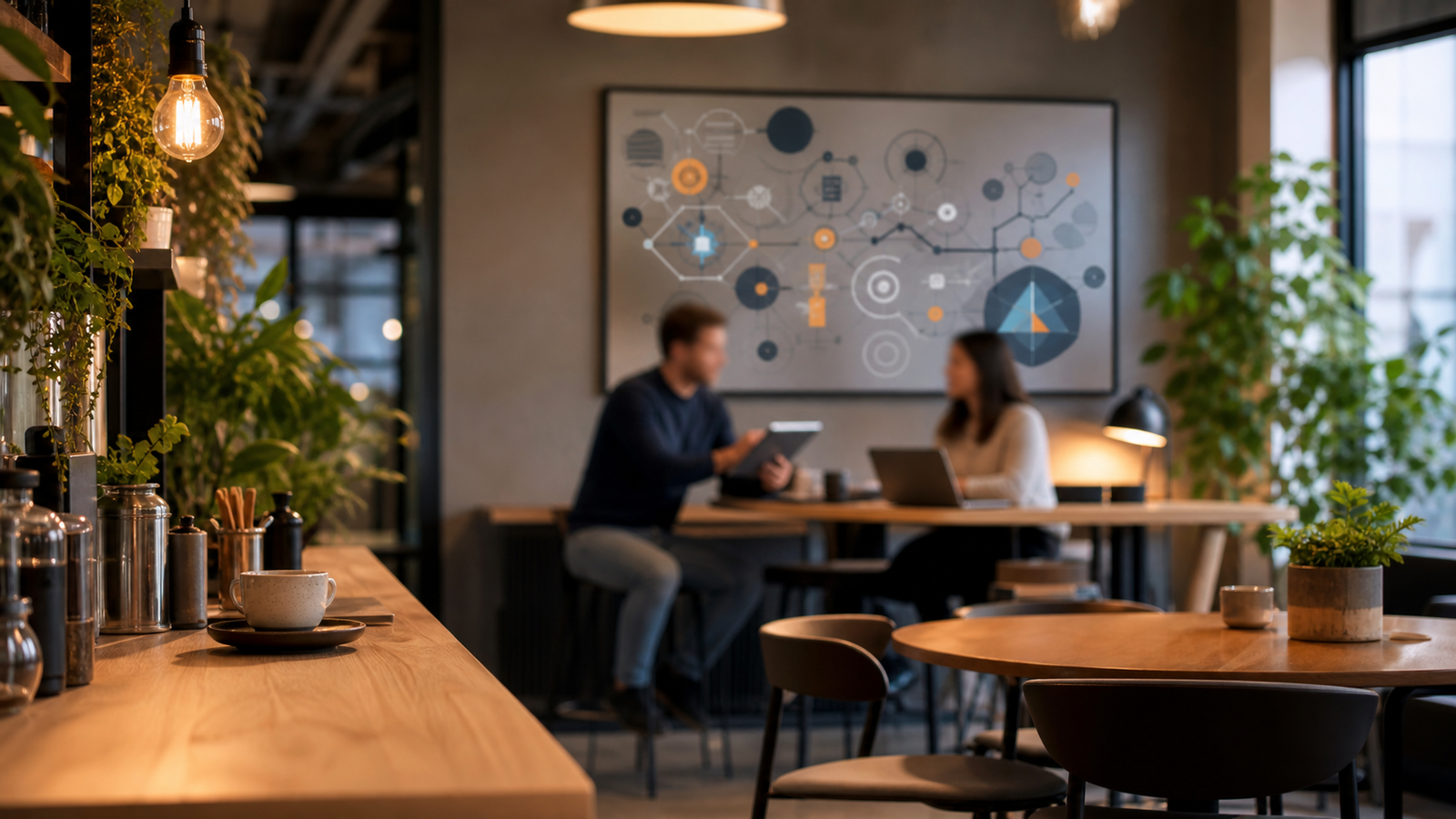 Discussion de veille technologique dans un espace café connecté