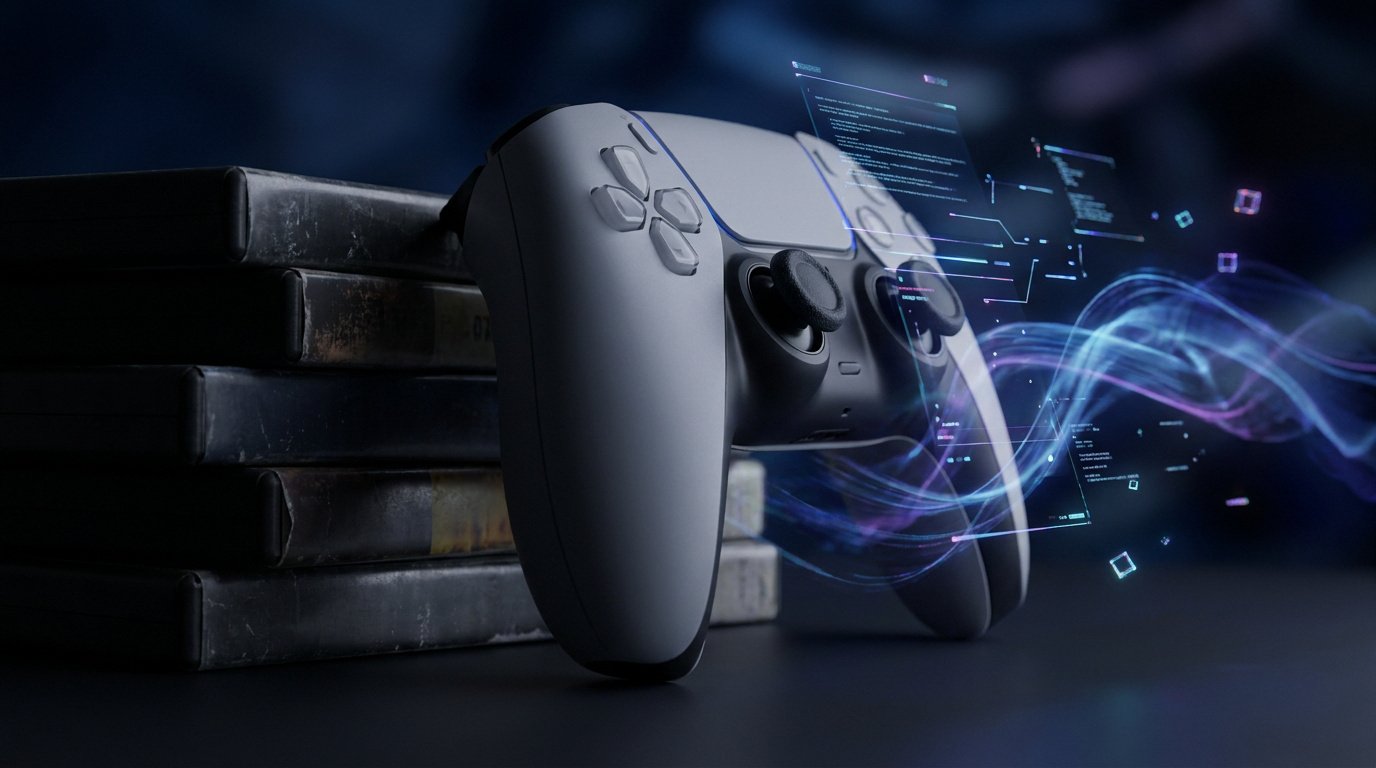 Une manette PlayStation avec une interface numérique futuriste à côté d'une pile de boîtiers de jeux vidéo.