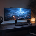 Setup gaming moderne avec écran, clavier et ambiance RPG abstraite