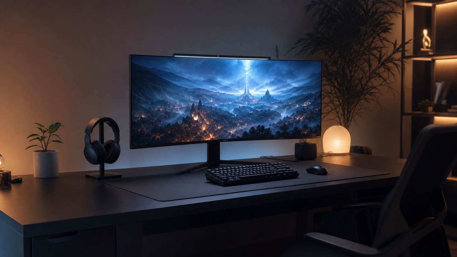 Setup gaming moderne avec écran, clavier et ambiance RPG abstraite