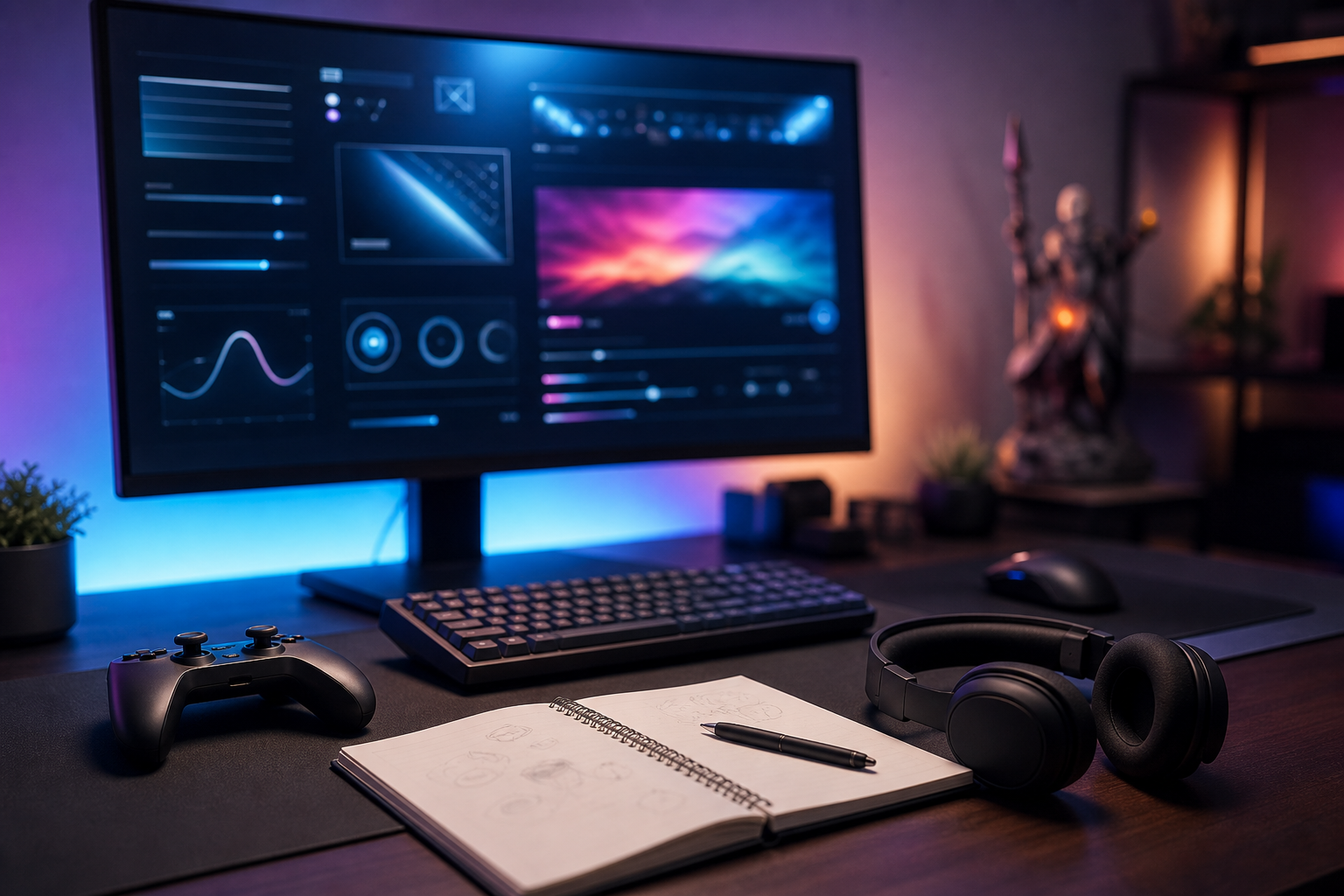 Bureau gaming organisé avec réglages de performance affichés