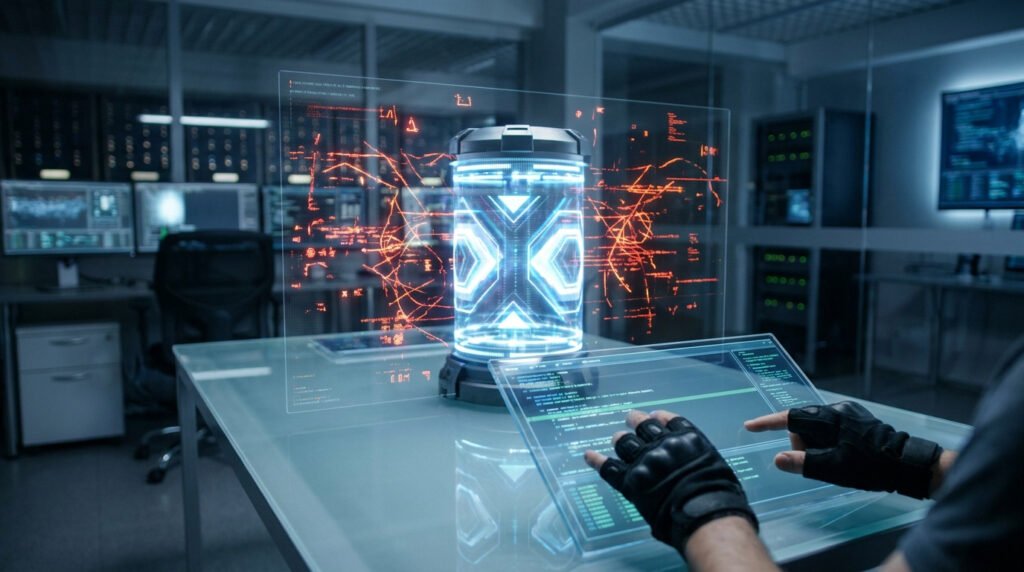 Un développeur utilise une interface holographique pour manipuler du code devant un cylindre d'énergie technologique.