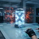 Un développeur utilise une interface holographique pour manipuler du code devant un cylindre d'énergie technologique.