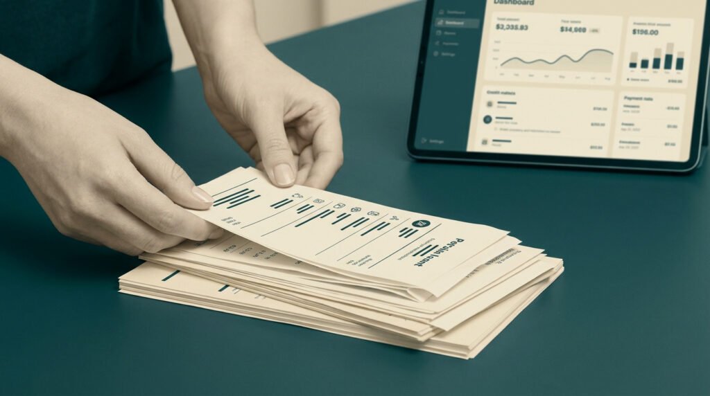 Mains triant une pile de reçus devant une tablette affichant un tableau de bord financier.
