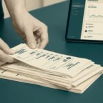 Mains triant une pile de reçus devant une tablette affichant un tableau de bord financier.