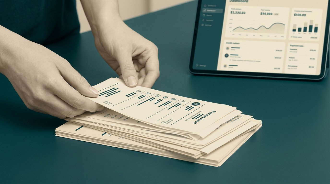 Mains triant une pile de reçus devant une tablette affichant un tableau de bord financier.
