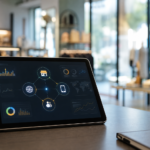 Tablette et ordinateur montrant un parcours client omnicanal dans une boutique moderne