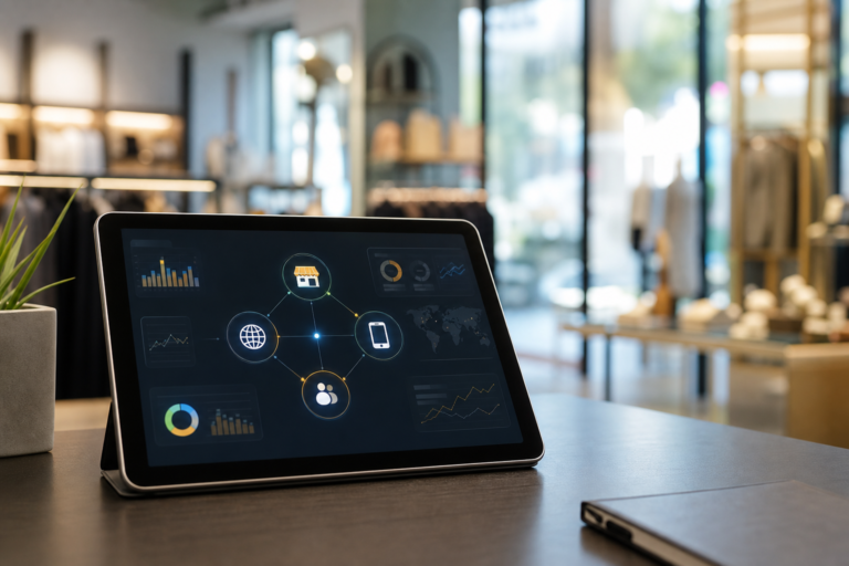 Tablette et ordinateur montrant un parcours client omnicanal dans une boutique moderne