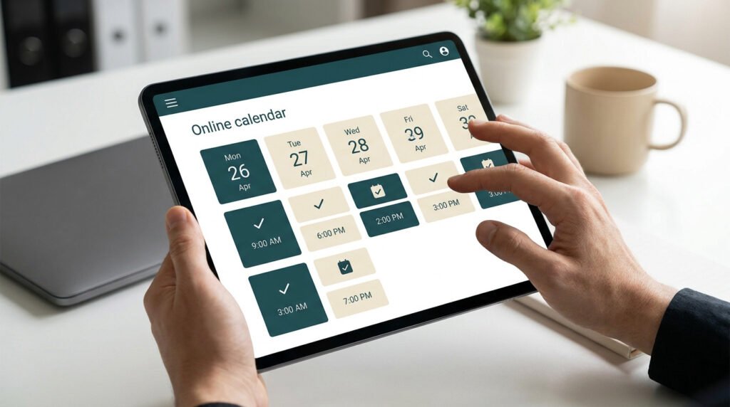 Une personne utilisant une application de calendrier en ligne sur une tablette pour organiser ses rendez-vous.