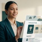 Une femme d'affaires souriante interagissant avec un écran holographique affichant son profil professionnel.