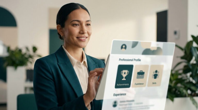 Une femme d'affaires souriante interagissant avec un écran holographique affichant son profil professionnel.