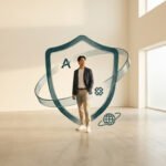 Un homme d'affaires debout à l'intérieur d'un bouclier 3D translucide symbolisant la protection de marque.