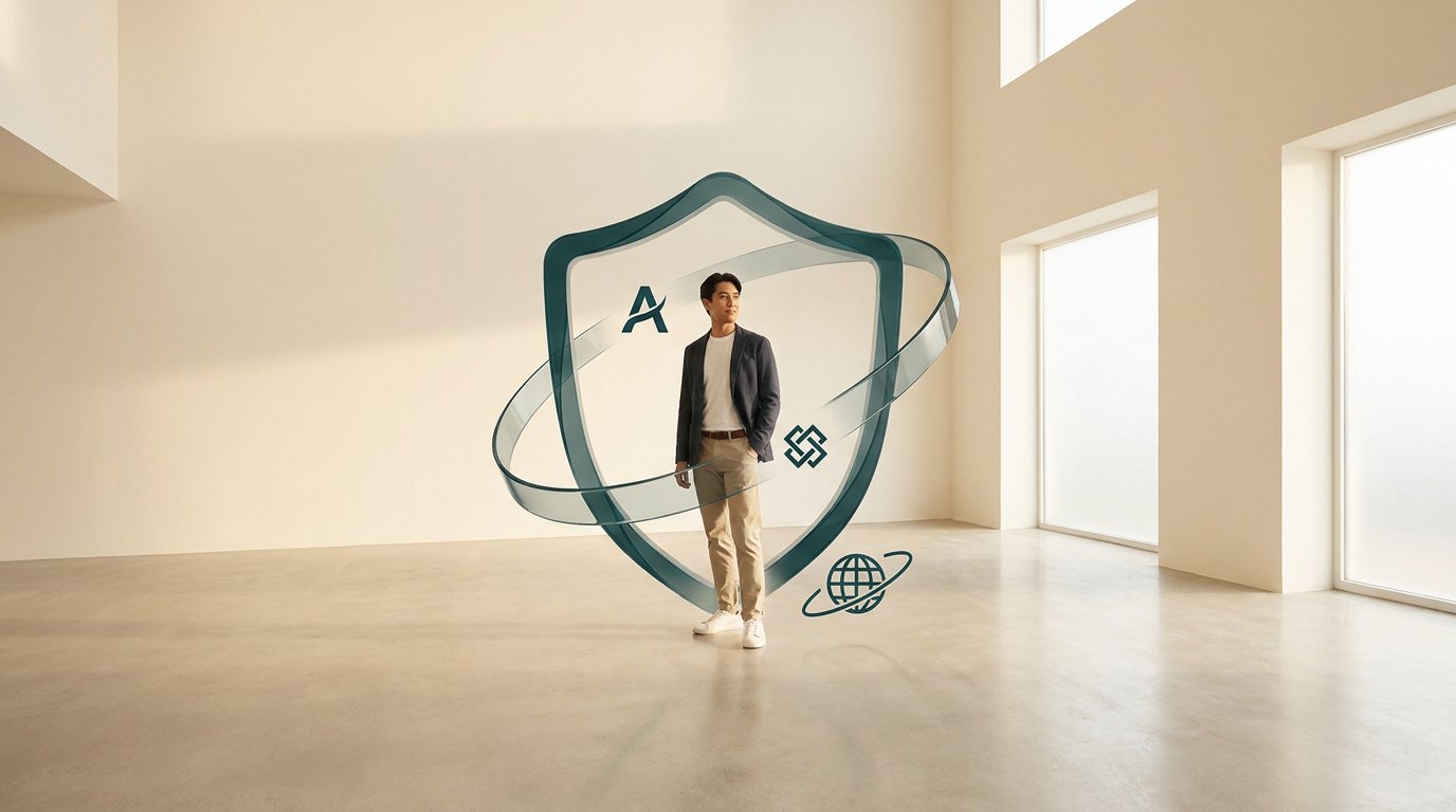 Un homme d'affaires debout à l'intérieur d'un bouclier 3D translucide symbolisant la protection de marque.