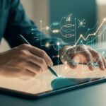 Freelance utilisant un stylet sur une tablette tactile pour analyser des graphiques de données financières projetés.