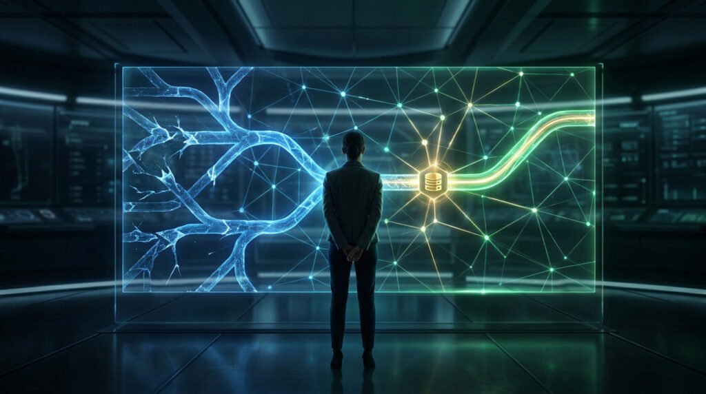 Une personne de dos face à un écran holographique représentant des flux de données et des connexions réseau complexes.