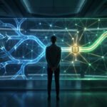 Une personne de dos face à un écran holographique représentant des flux de données et des connexions réseau complexes.
