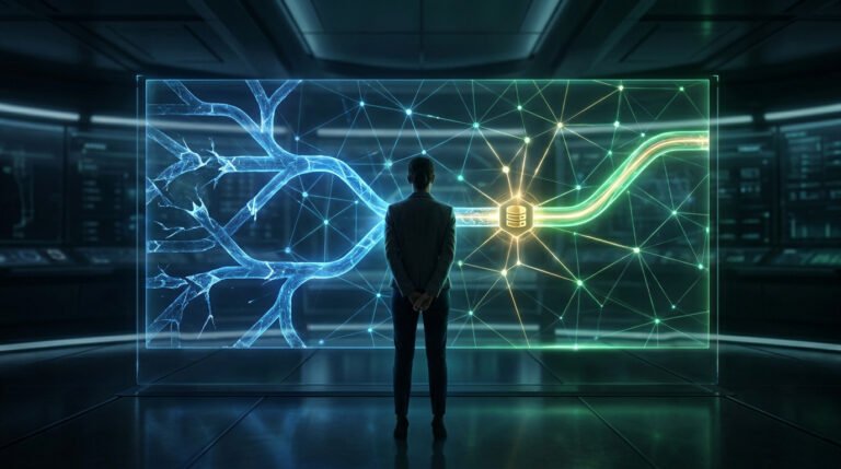 Une personne de dos face à un écran holographique représentant des flux de données et des connexions réseau complexes.