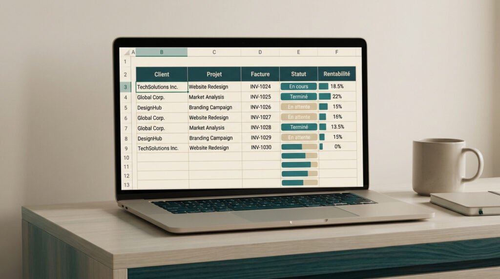 Ordinateur portable affichant un tableau de suivi de projets freelance sur un bureau.