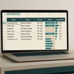 Ordinateur portable affichant un tableau de suivi de projets freelance sur un bureau.