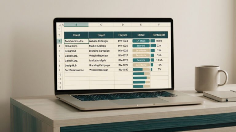 Ordinateur portable affichant un tableau de suivi de projets freelance sur un bureau.