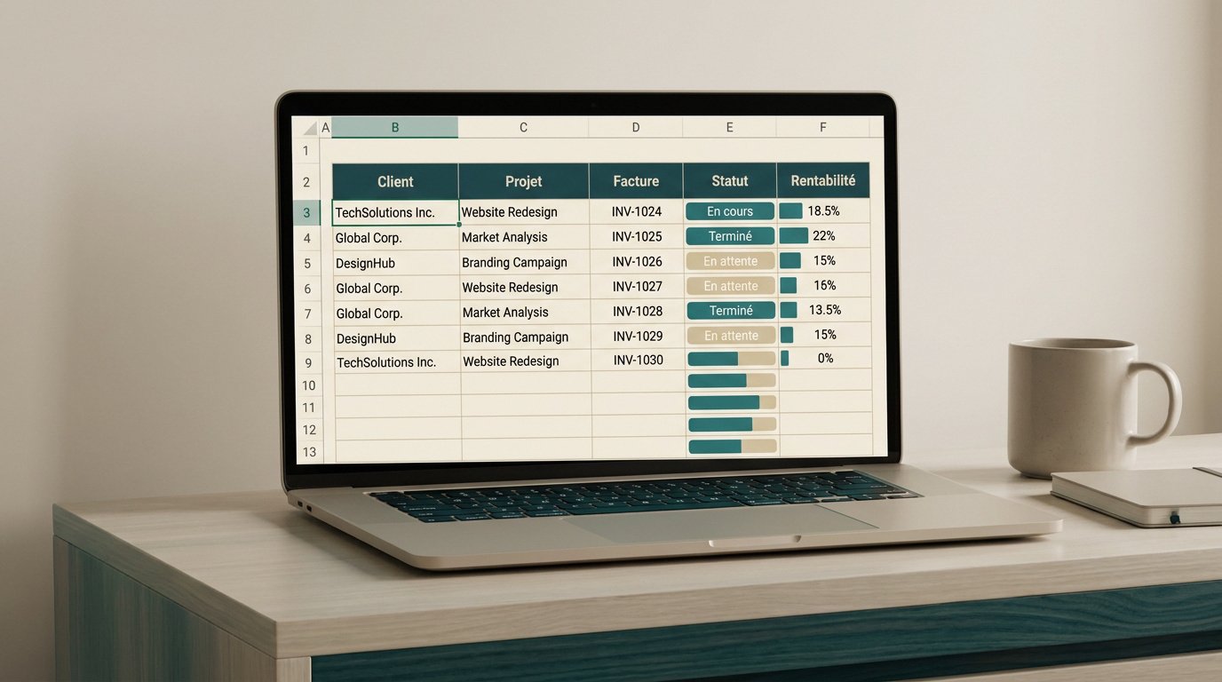 Ordinateur portable affichant un tableau de suivi de projets freelance sur un bureau.
