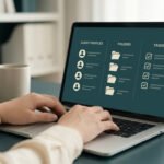 Une personne travaillant sur un ordinateur portable affichant des profils clients, des dossiers et une liste de tâches.