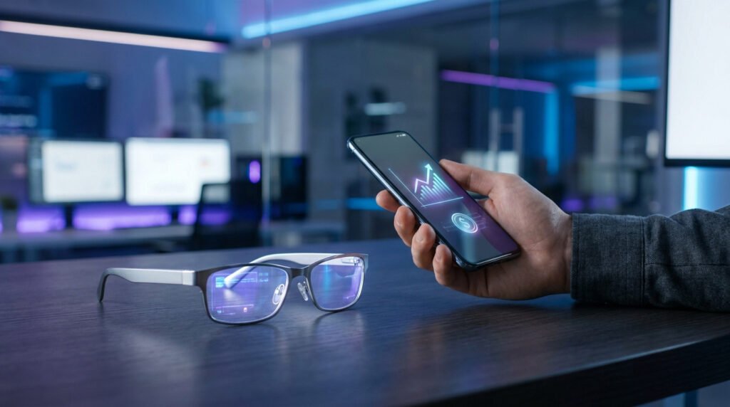 Main tenant un smartphone avec un graphique financier devant des lunettes connectées sur un bureau moderne.