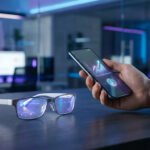 Main tenant un smartphone avec un graphique financier devant des lunettes connectées sur un bureau moderne.
