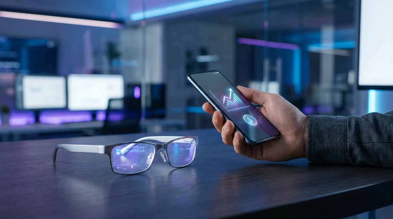Main tenant un smartphone avec un graphique financier devant des lunettes connectées sur un bureau moderne.
