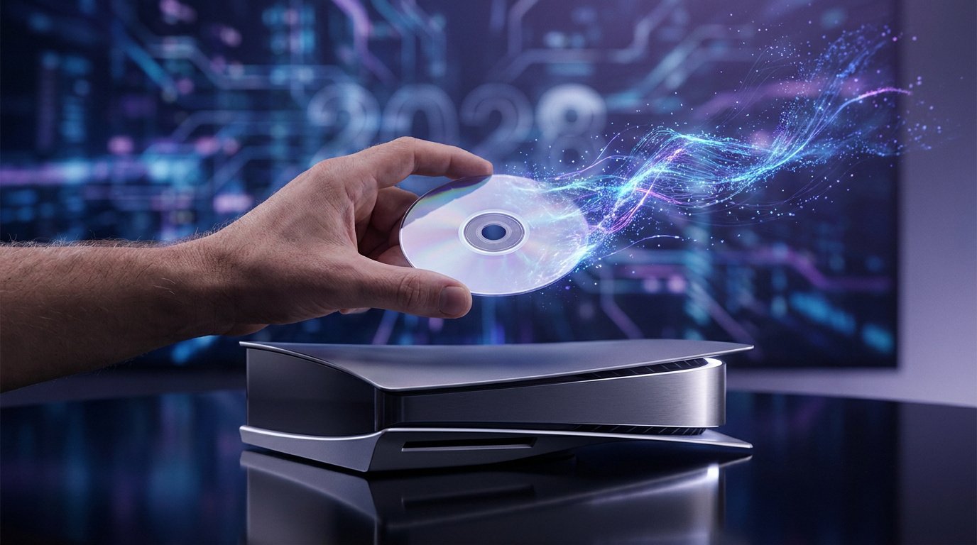 Une main tenant un disque optique se dématérialisant en particules lumineuses au-dessus d'une console PlayStation.