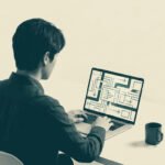 Un indépendant travaille sur un ordinateur portable affichant des schémas de flux de données complexes.