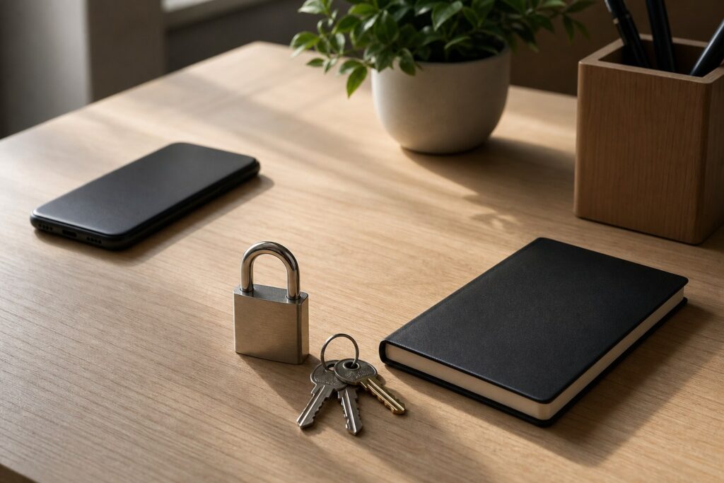 Cadenas, clés et smartphone posés sur un bureau pour illustrer la sécurité des mots de passe