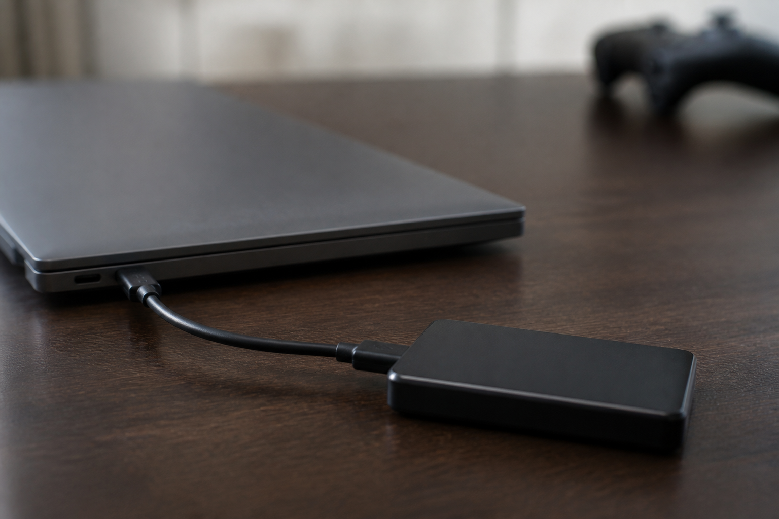 Disque SSD externe relié à un ordinateur portable avec une manette de jeu en arrière-plan