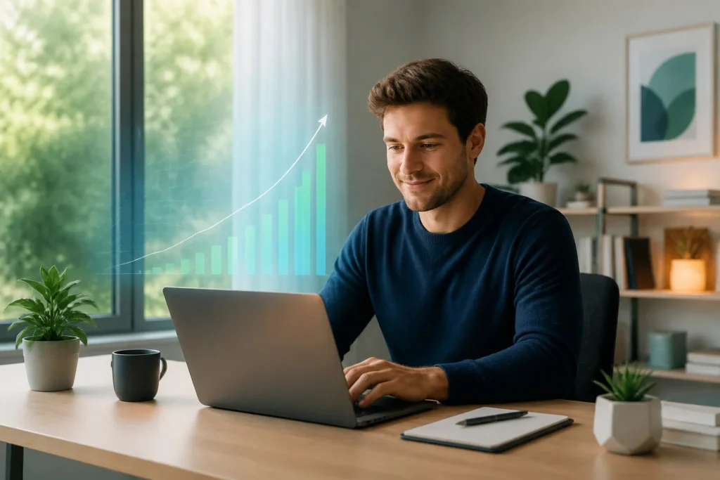 Jeune professionnel au bureau avec graphique de croissance