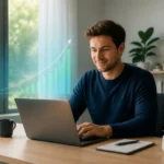 Jeune professionnel au bureau avec graphique de croissance
