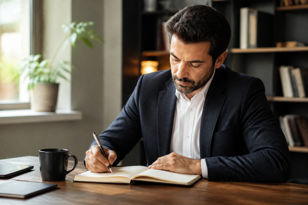 Dirigeant de petite entreprise écrivant son business plan dans un cahier à son bureau