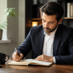 Dirigeant de petite entreprise écrivant son business plan dans un cahier à son bureau