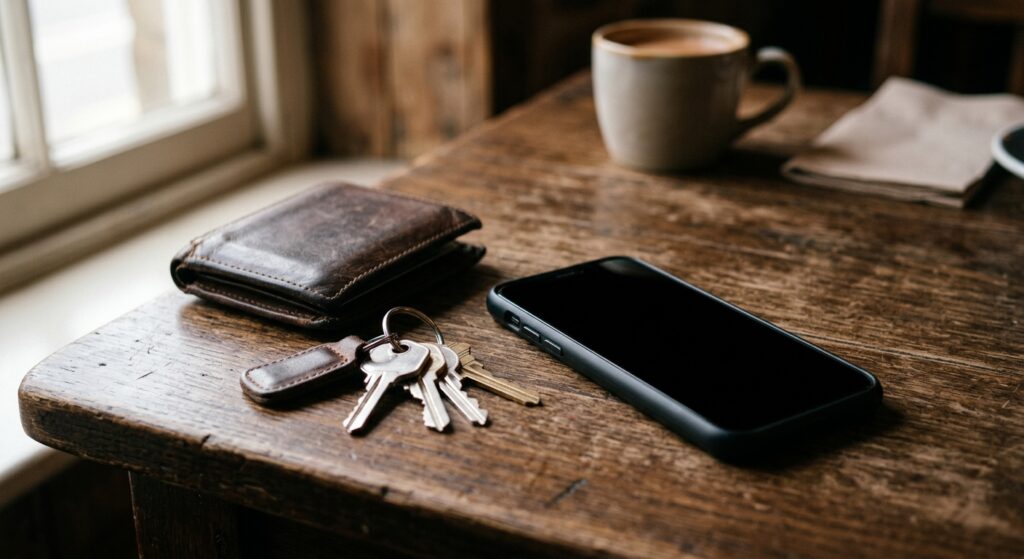 Smartphone, clés et portefeuille posés sur une table, écran éteint