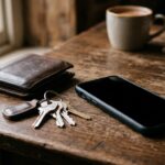 Smartphone, clés et portefeuille posés sur une table, écran éteint