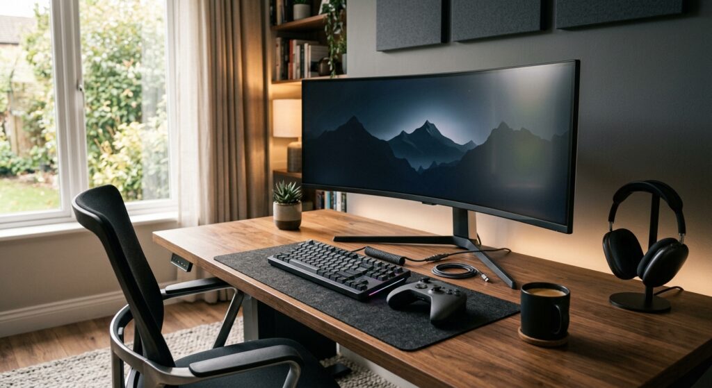 Setup gaming avec écran incurvé sur un bureau en bois